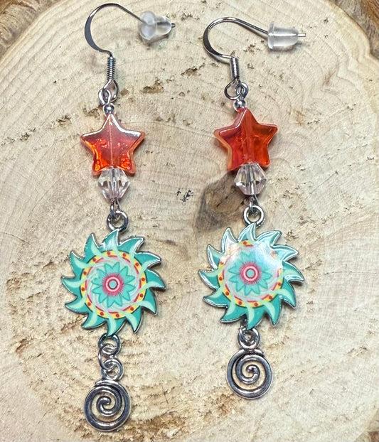 NEW Green Pinwheel Sun / Orange Star Dangle Earrings