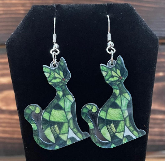 NEW Vibrant Green Stained Glass Style Boho Acrylic Cat Kitten Earrings