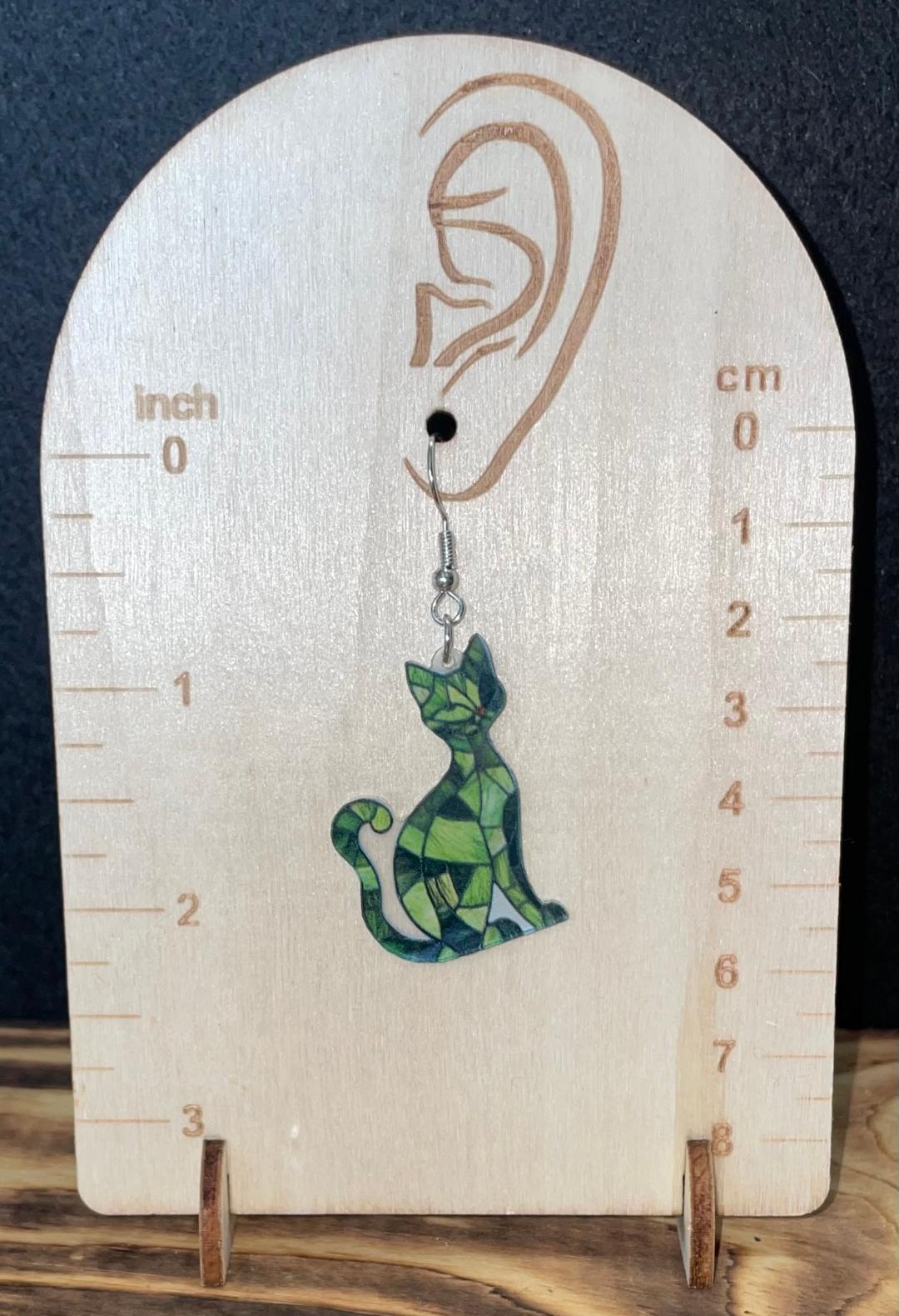 NEW Vibrant Green Stained Glass Style Boho Acrylic Cat Kitten Earrings