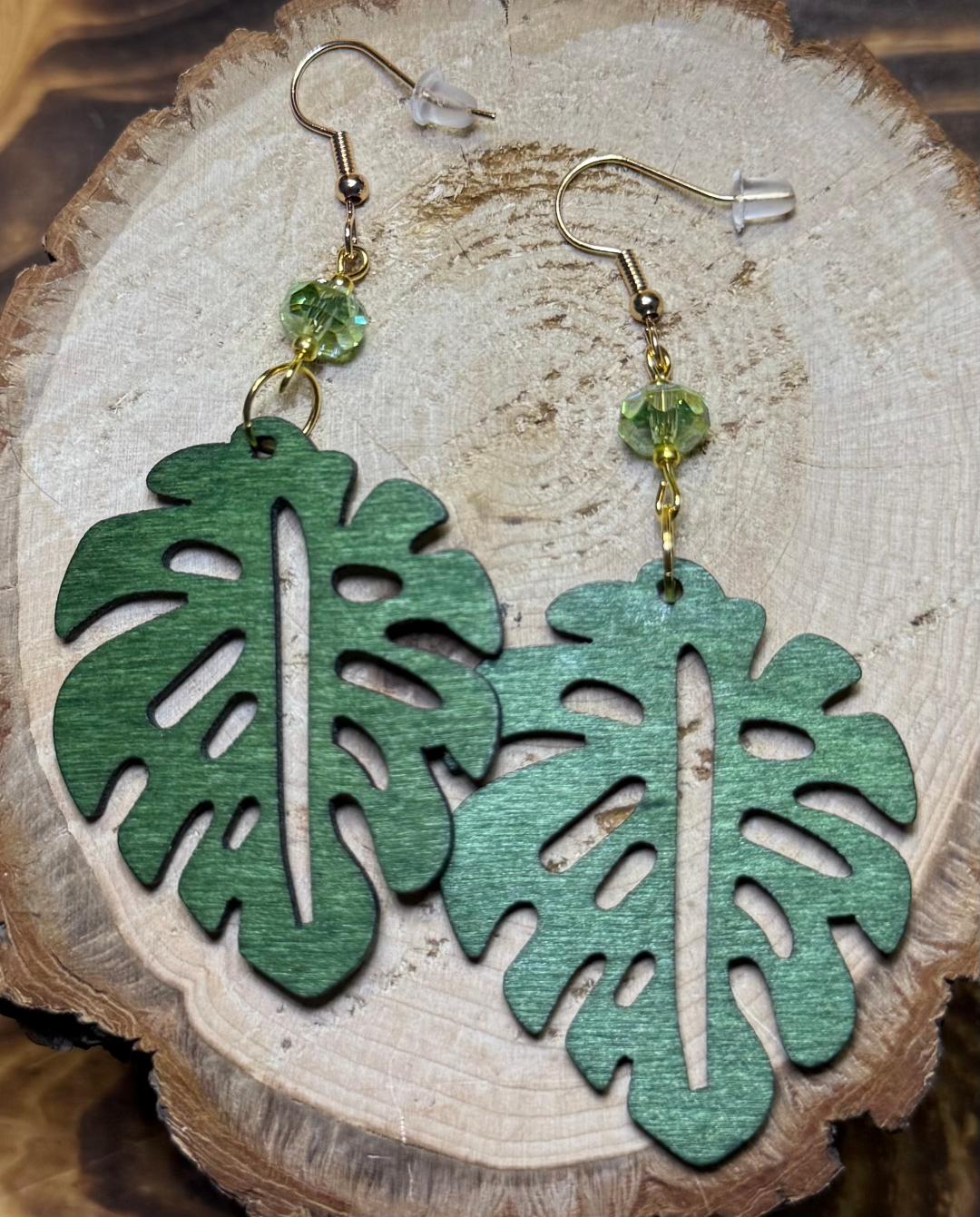 NEW Green Wooden Monstera Leaf Earrings w/ Faceted Glass Beads