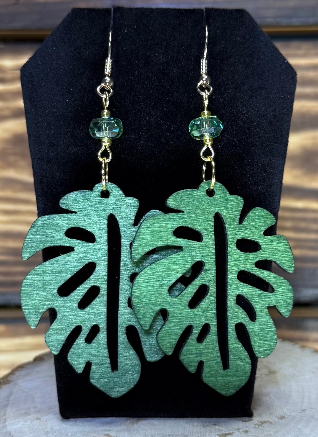 NEW Green Wooden Monstera Leaf Earrings w/ Faceted Glass Beads