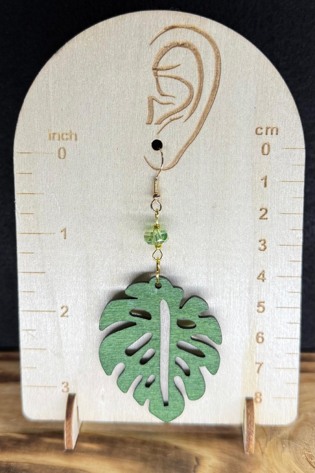 NEW Green Wooden Monstera Leaf Earrings w/ Faceted Glass Beads