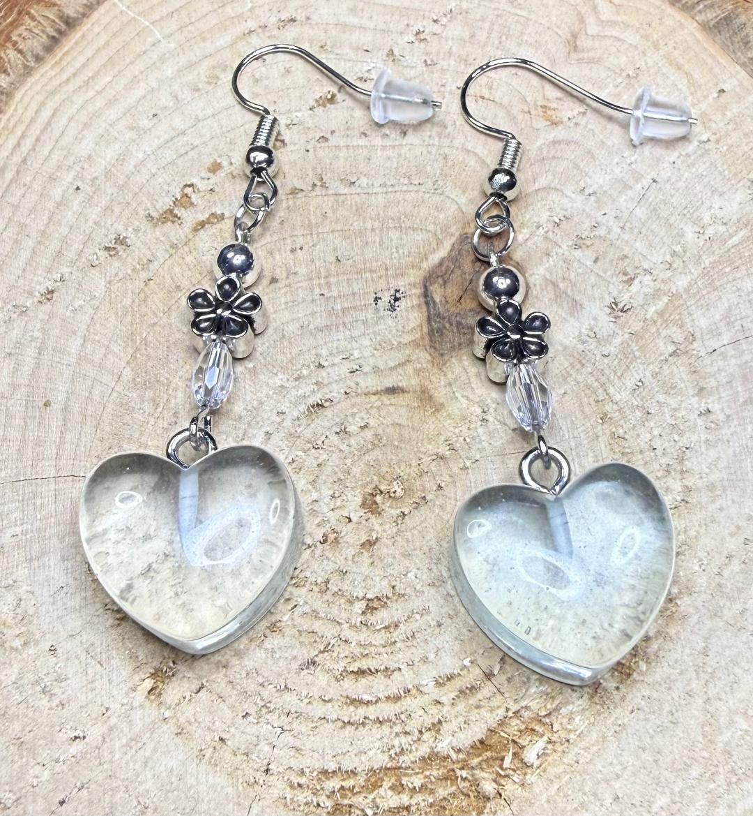 NEW Clear Acrylic Gumdrop Heart Earrings w/ Flower & Glass Beads