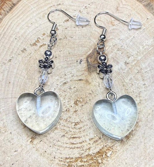 NEW Clear Acrylic Gumdrop Heart Earrings w/ Flower & Glass Beads