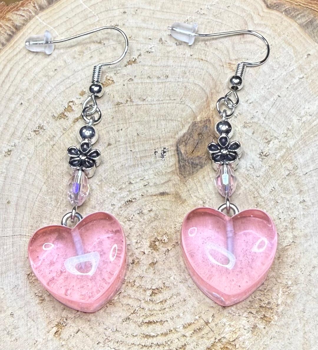 NEW Pink Acrylic Gumdrop Heart Earrings w/ Flower & Glass Beads