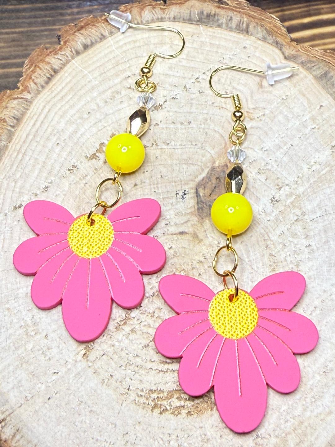 NEW Hot Pink Flower Hippie Earrings w/ Yellow Glass Beads