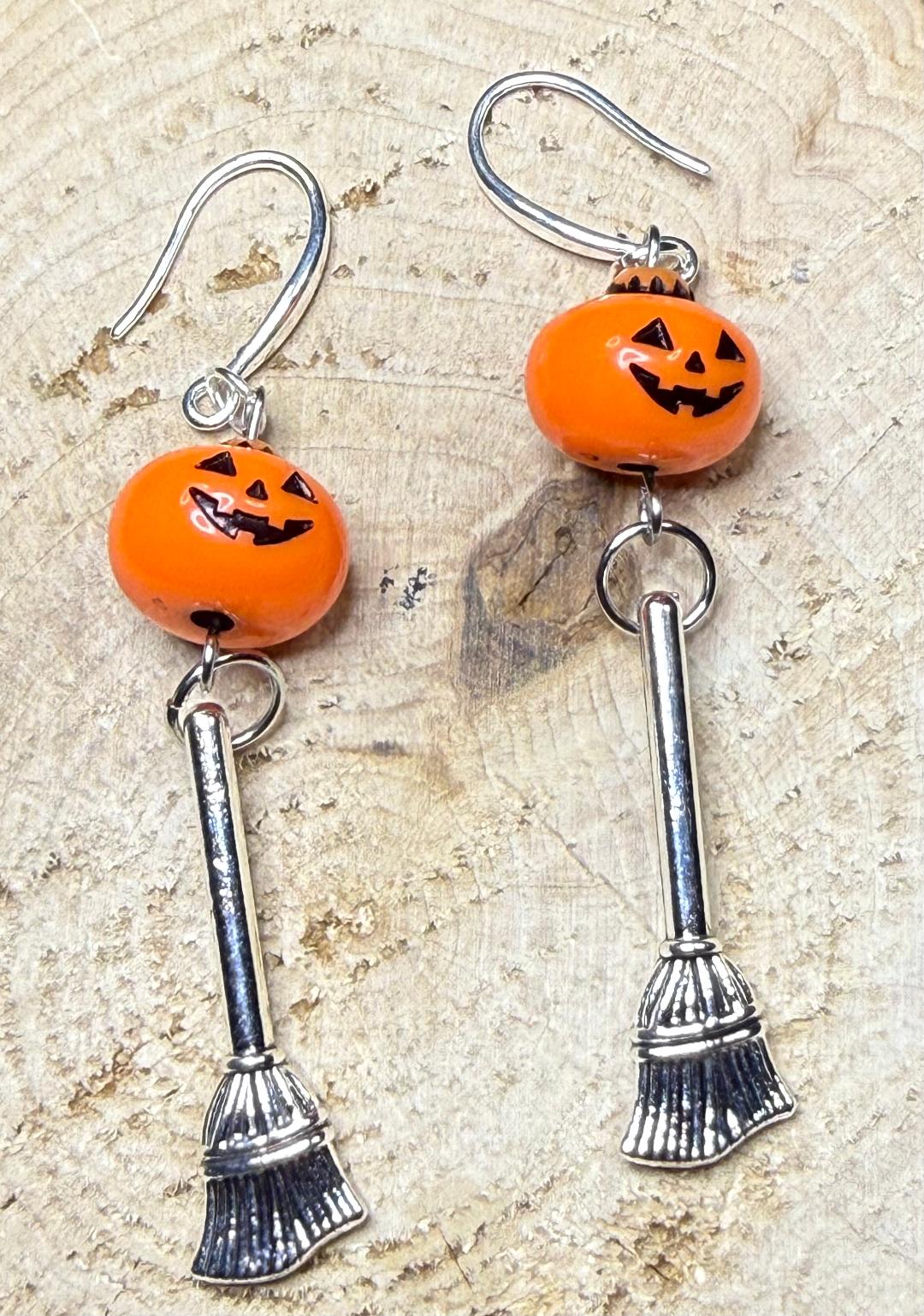 NEW Halloween Pumpkin & Alloy Broom Earrings