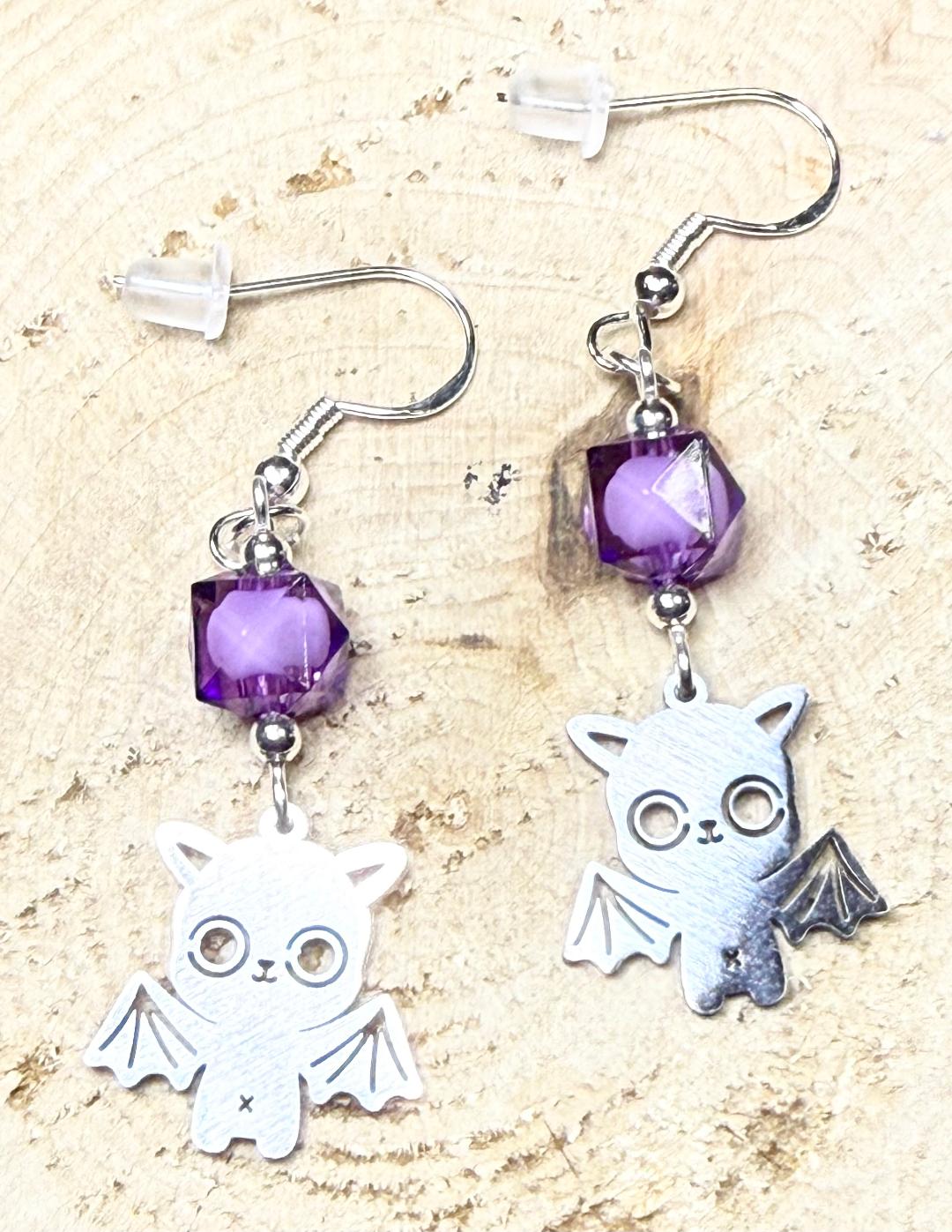 NEW Halloween Silver Stainless Steel Baby Bat w/ Purple Beads