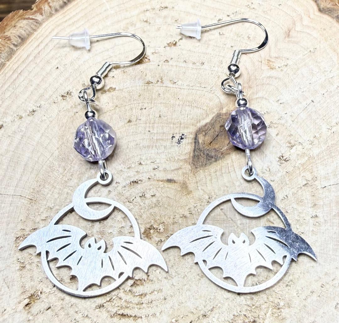 NEW Halloween Stainless Steel Bat Crescent Moon Earring w/ Pale Purple Glass Beads