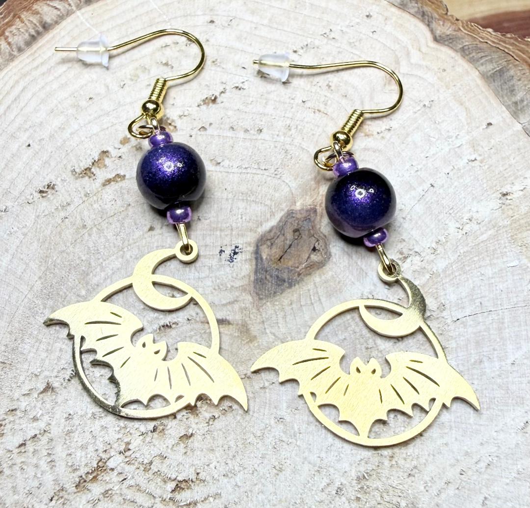 NEW Halloween Stainless Steel Bat Crescent Moon Earring w/  Purple Beads