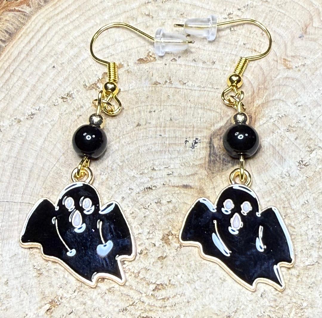 NEW Halloween Enamel Flying Black Ghost Earrings w/ Black Glass Beads