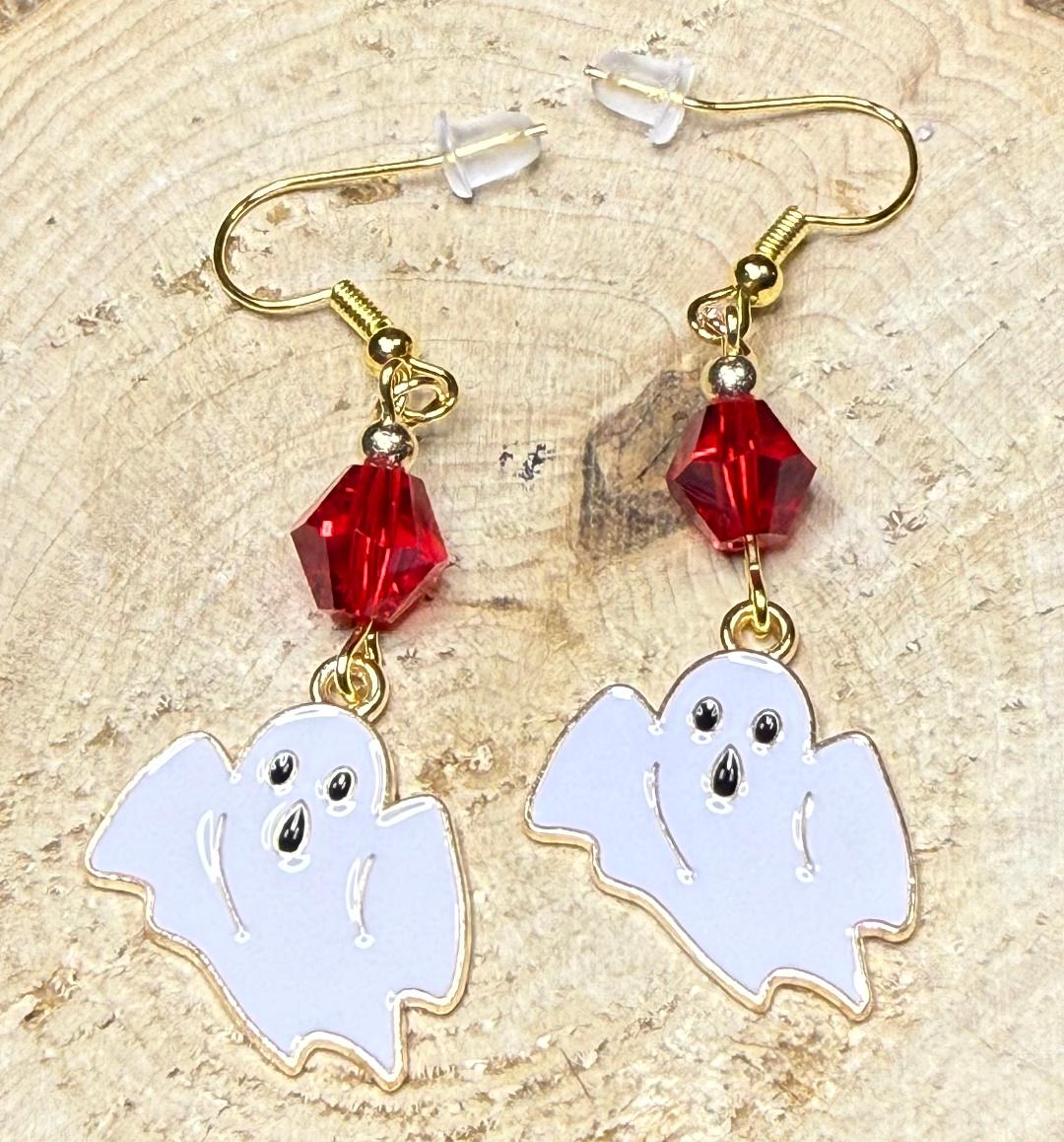 NEW Halloween Enamel Flying White Ghost Earrings w/ Red Glass Beads
