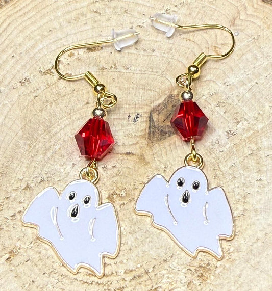 NEW Halloween Enamel Flying White Ghost Earrings w/ Red Glass Beads