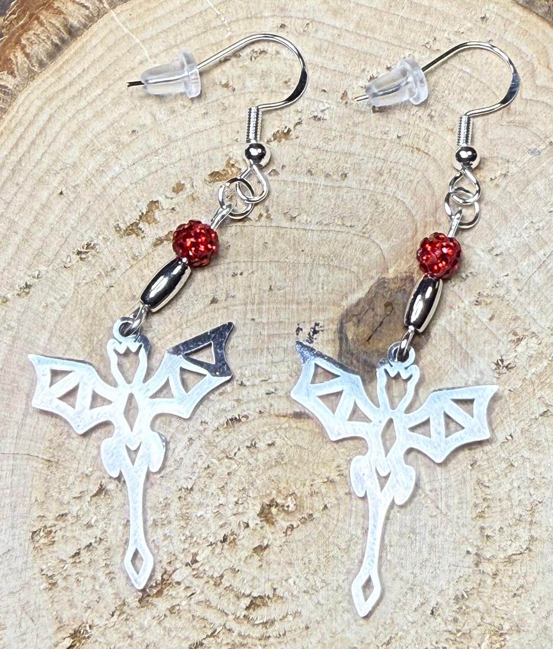 NEW Halloween Silver Stainless Steel Bat in Flight Earrings w/ Red Beads