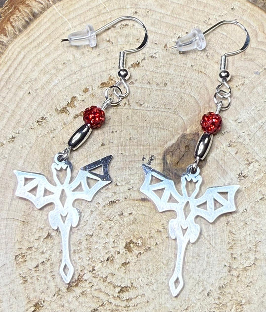 NEW Halloween Silver Stainless Steel Bat in Flight Earrings w/ Red Beads