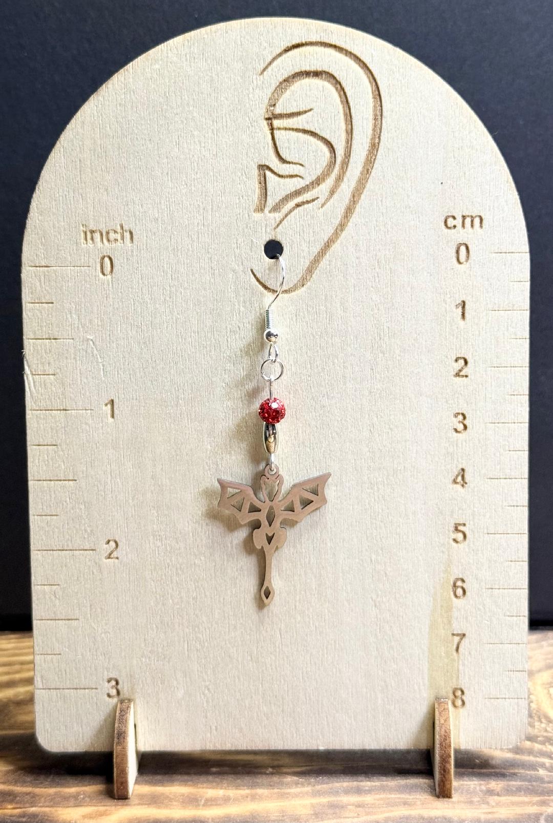 NEW Halloween Silver Stainless Steel Bat in Flight Earrings w/ Red Beads