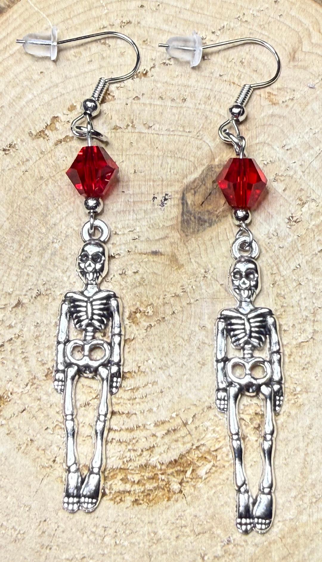 NEW Halloween Skeleton Earrings w/ Red Glass Beads