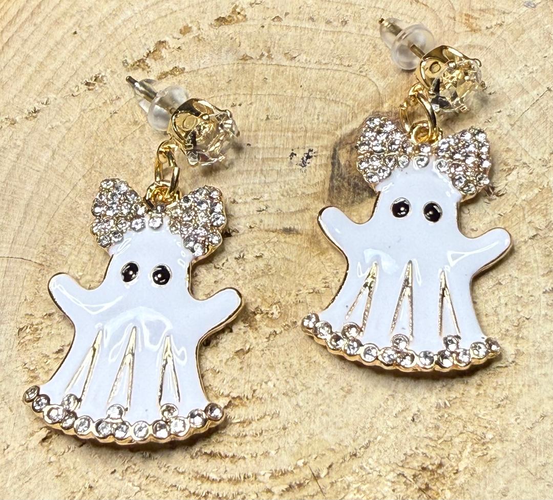 NEW Halloween Enamel Ghost Post Earrings w/ Rhinestones