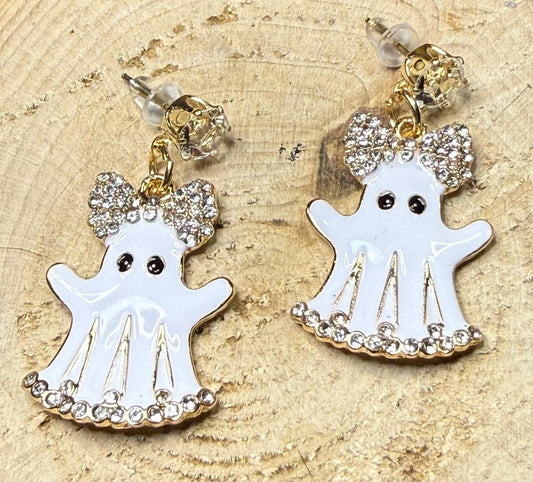 NEW Halloween Enamel Ghost Post Earrings w/ Rhinestones