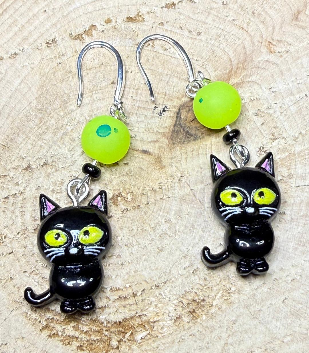NEW Halloween Black Cat w/ Green Eyes & Plated Glass Beads