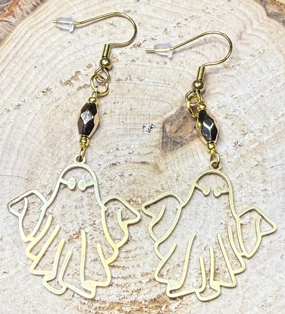 NEW Halloween Gold Stainless Steel Hollow Ghost Earrings w/ Gold Faceted Oval Bead