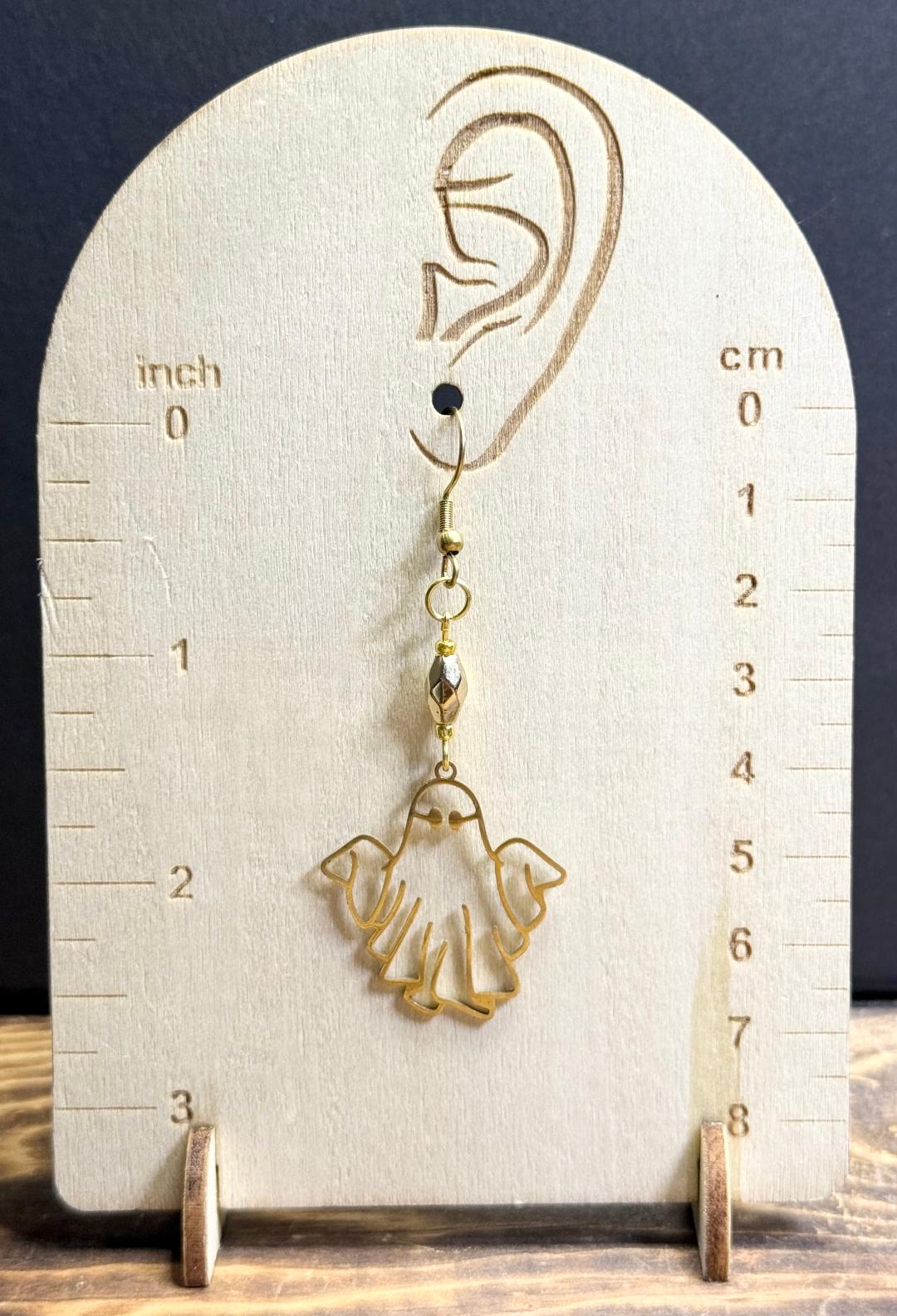 NEW Halloween Gold Stainless Steel Hollow Ghost Earrings w/ Gold Faceted Oval Bead