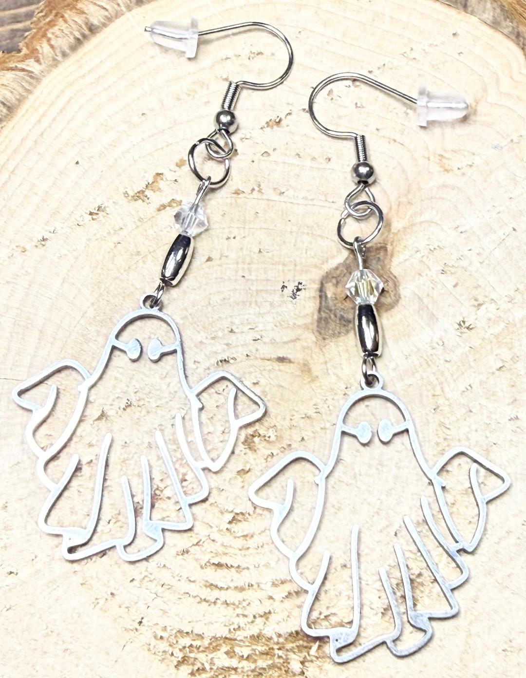 NEW Halloween Silver Stainless Steel Hollow Ghost Earrings w/ Glass Beads