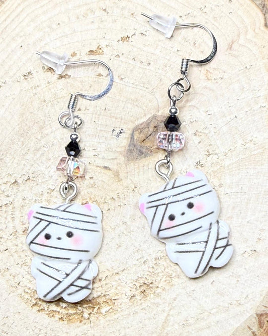 NEW Halloween Mummy Cat Kitten Earrings w/ Pink & Black Glass Beads