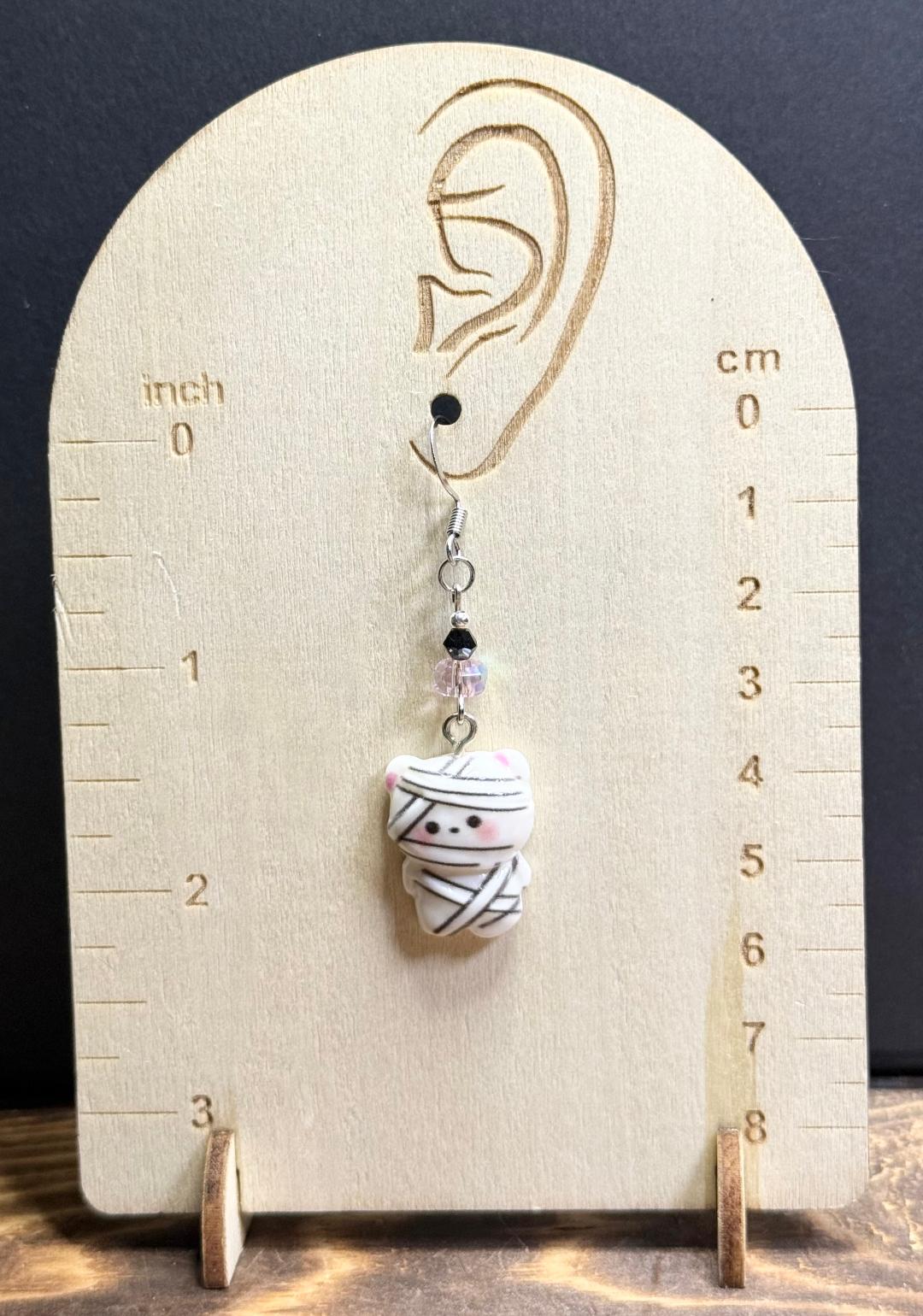 NEW Halloween Mummy Cat Kitten Earrings w/ Pink & Black Glass Beads