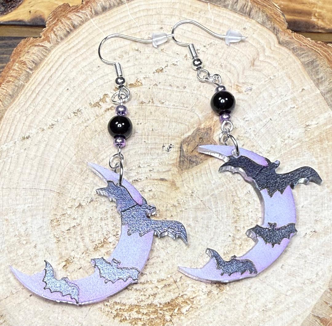 NEW Halloween Acrylic Purple Crescent Moon & Black Bats Earrings