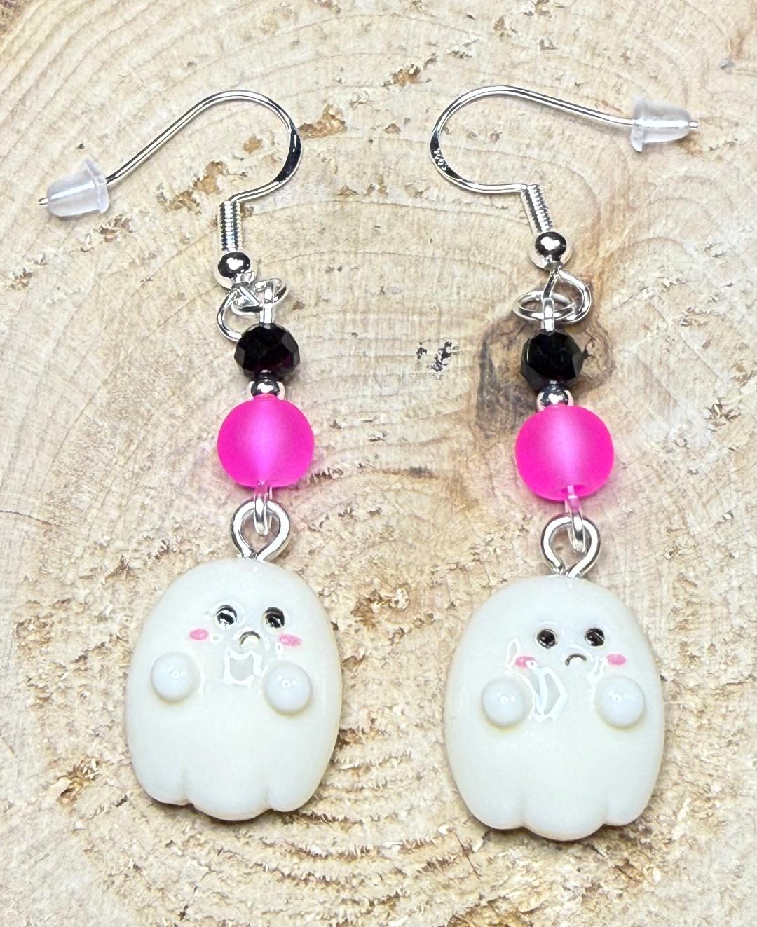 NEW Halloween Sad Little Ghost Earrings w/ Hot Pink & Black Glass Beads