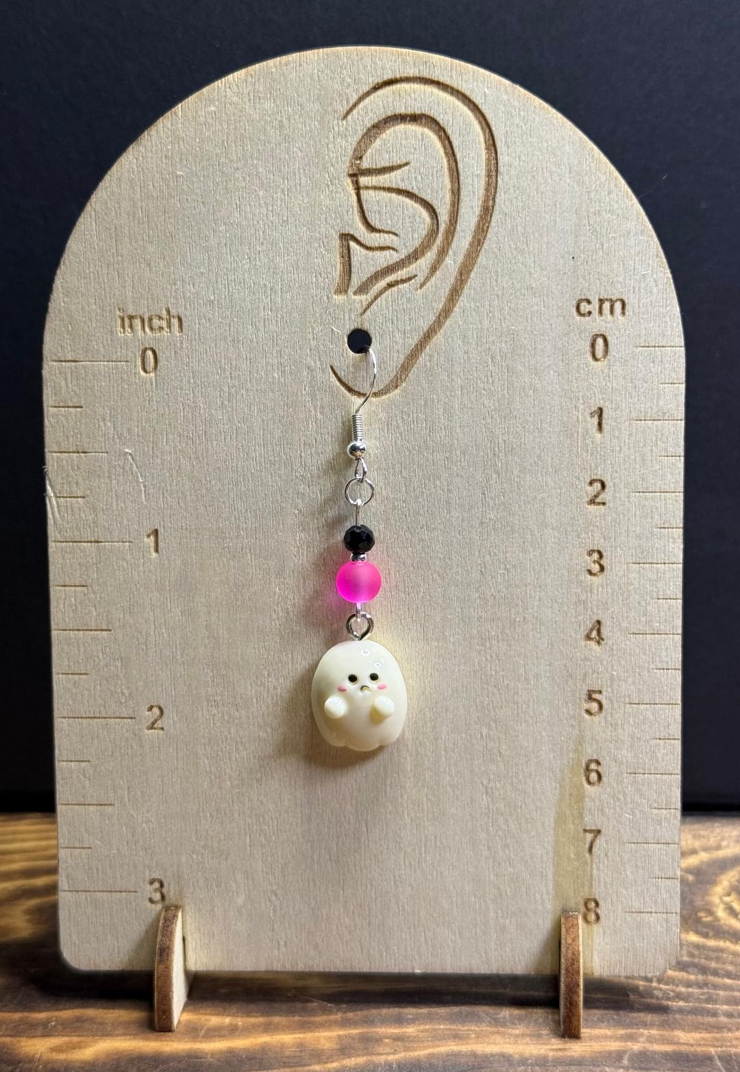 NEW Halloween Sad Little Ghost Earrings w/ Hot Pink & Black Glass Beads