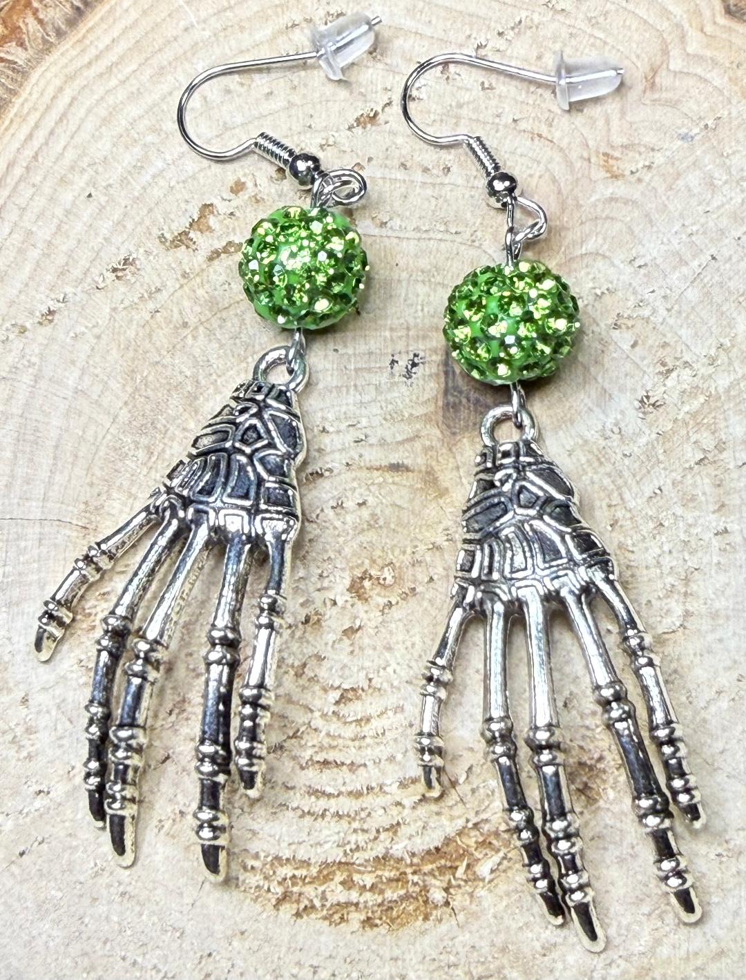 NEW Halloween Creepy Skeleton Hand Alloy Earrings w/ Sparkling Green Rhinestone Bead