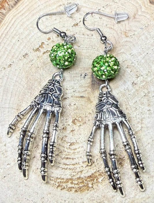 NEW Halloween Creepy Skeleton Hand Alloy Earrings w/ Sparkling Green Rhinestone Bead