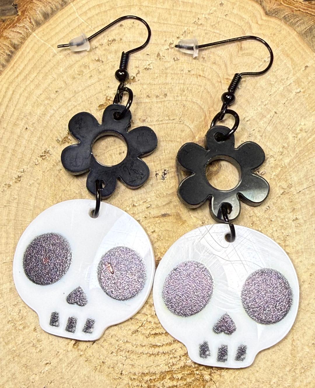NEW Halloween Skull w/ Black Flower Earrings