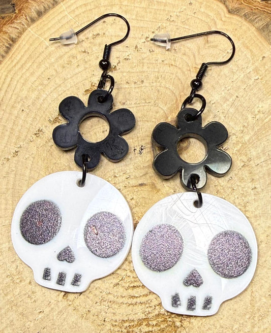 NEW Halloween Skull w/ Black Flower Earrings