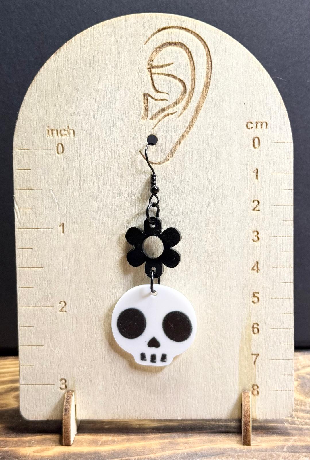 NEW Halloween Skull w/ Black Flower Earrings