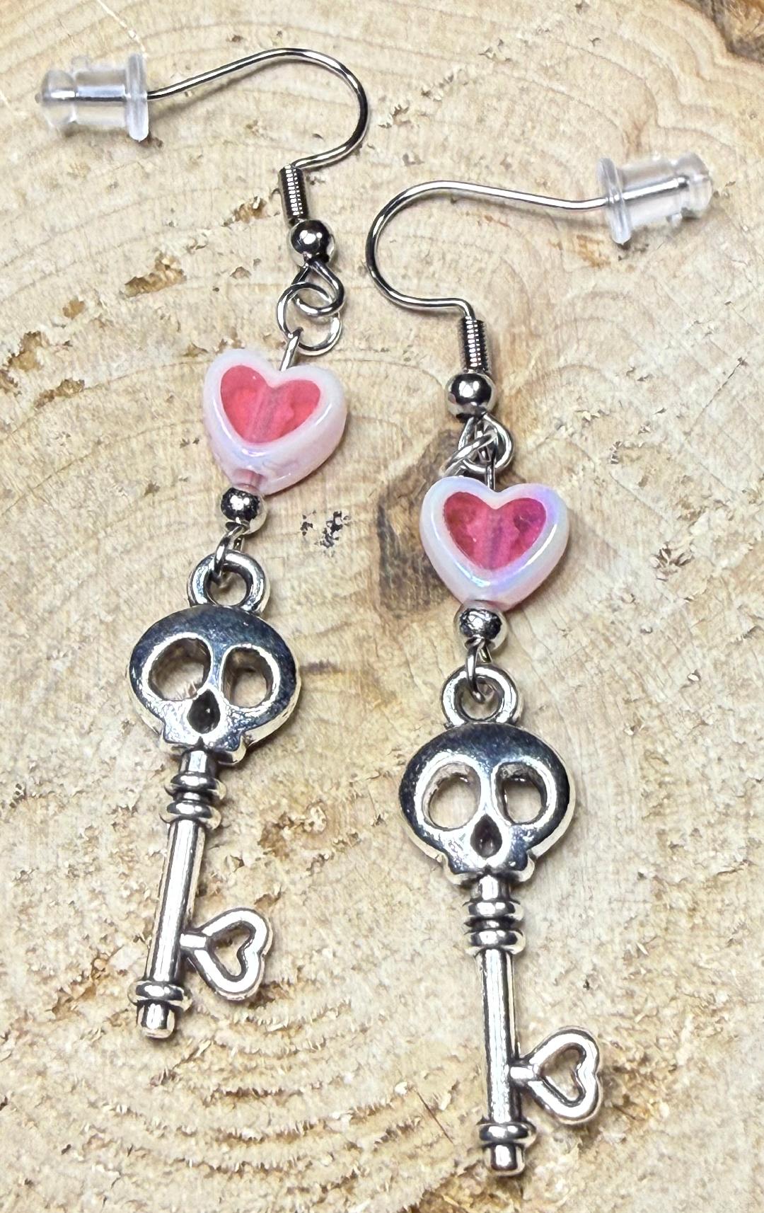 NEW Skeleton Key Alloy Earrings w/ Pink Heart Beads