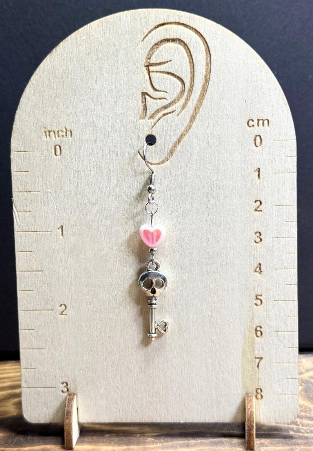 NEW Skeleton Key Alloy Earrings w/ Pink Heart Beads