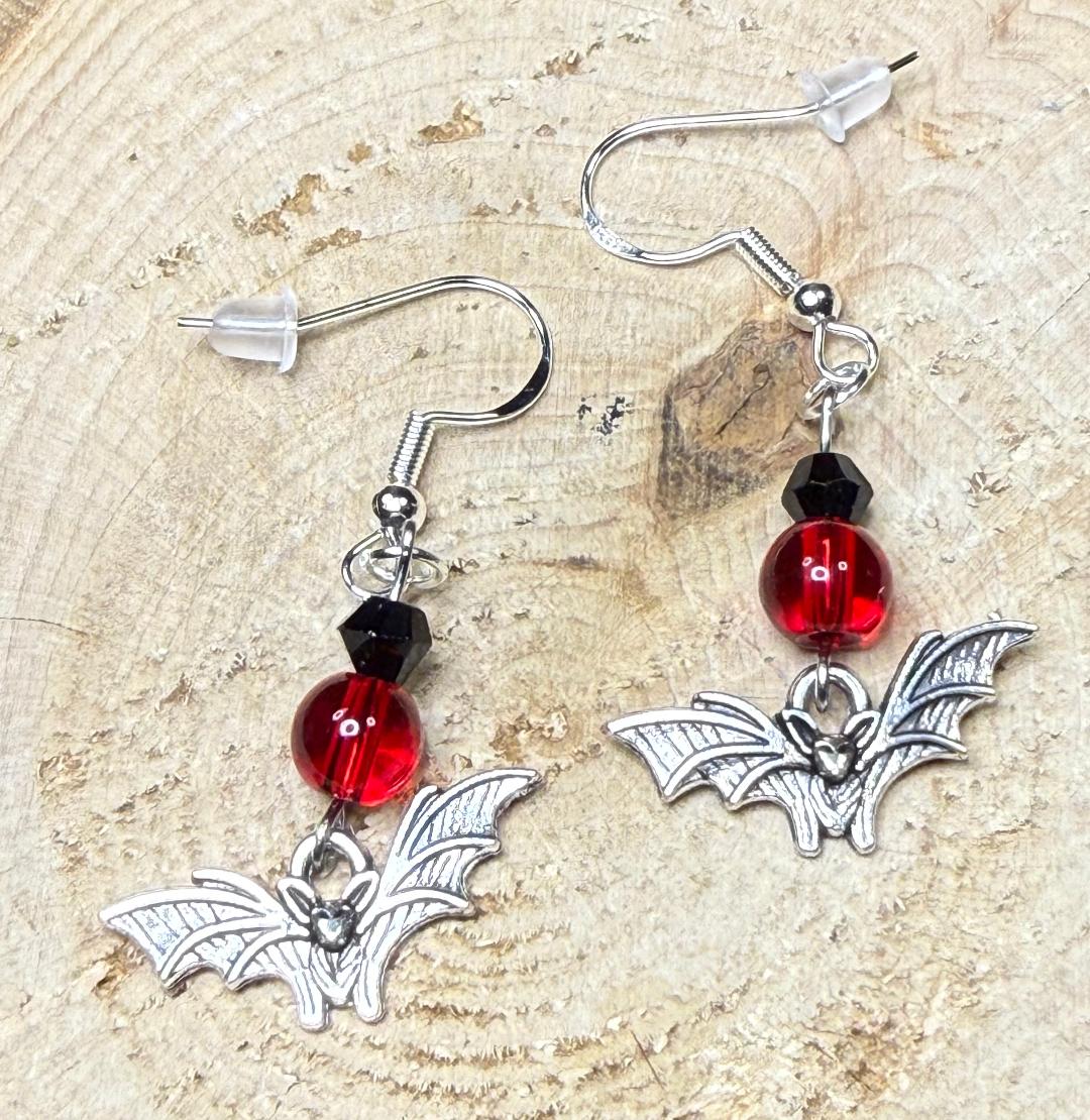 NEW Halloween Silver Alloy Flying Bat Earrings w/ Red & Black Glass Beads
