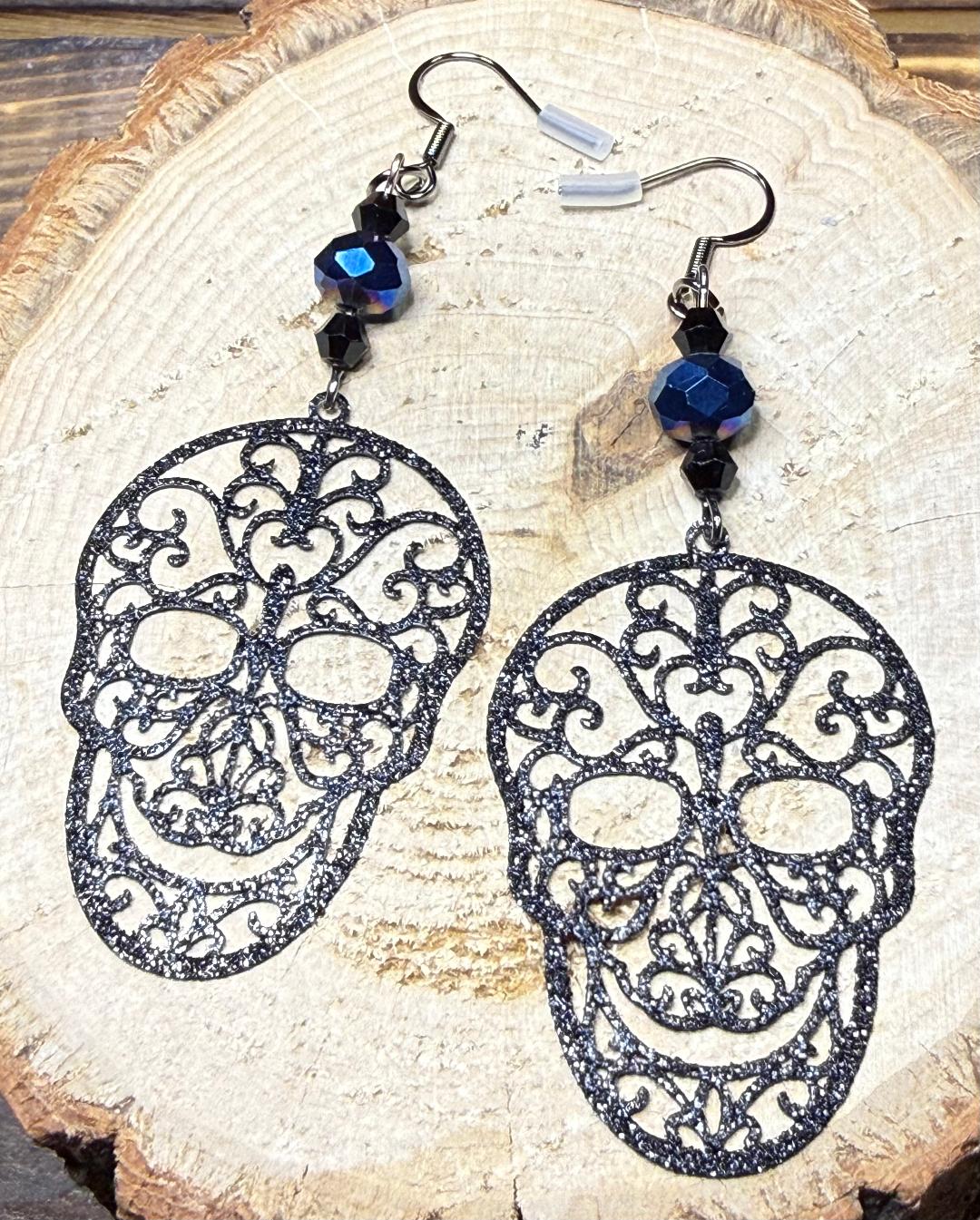 NEW Black Sparkling Filigree Sugar Skull Earrings w/ Blue Glass Beads