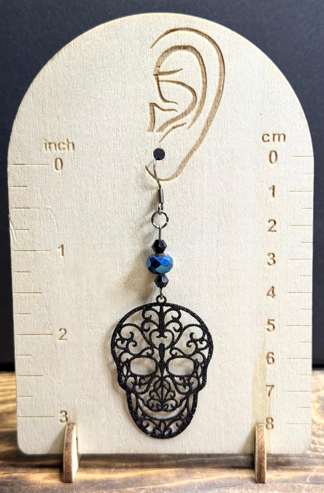 NEW Black Sparkling Filigree Sugar Skull Earrings w/ Blue Glass Beads