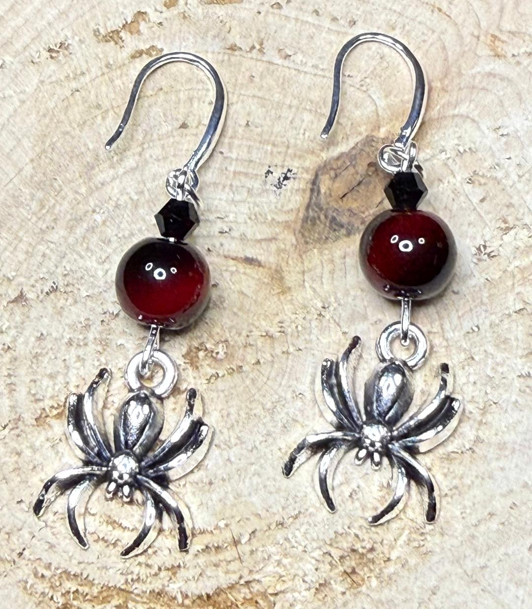 NEW Halloween Spooky Spider Charm Earrings w/ Red & Black Tiger's Eye Beads