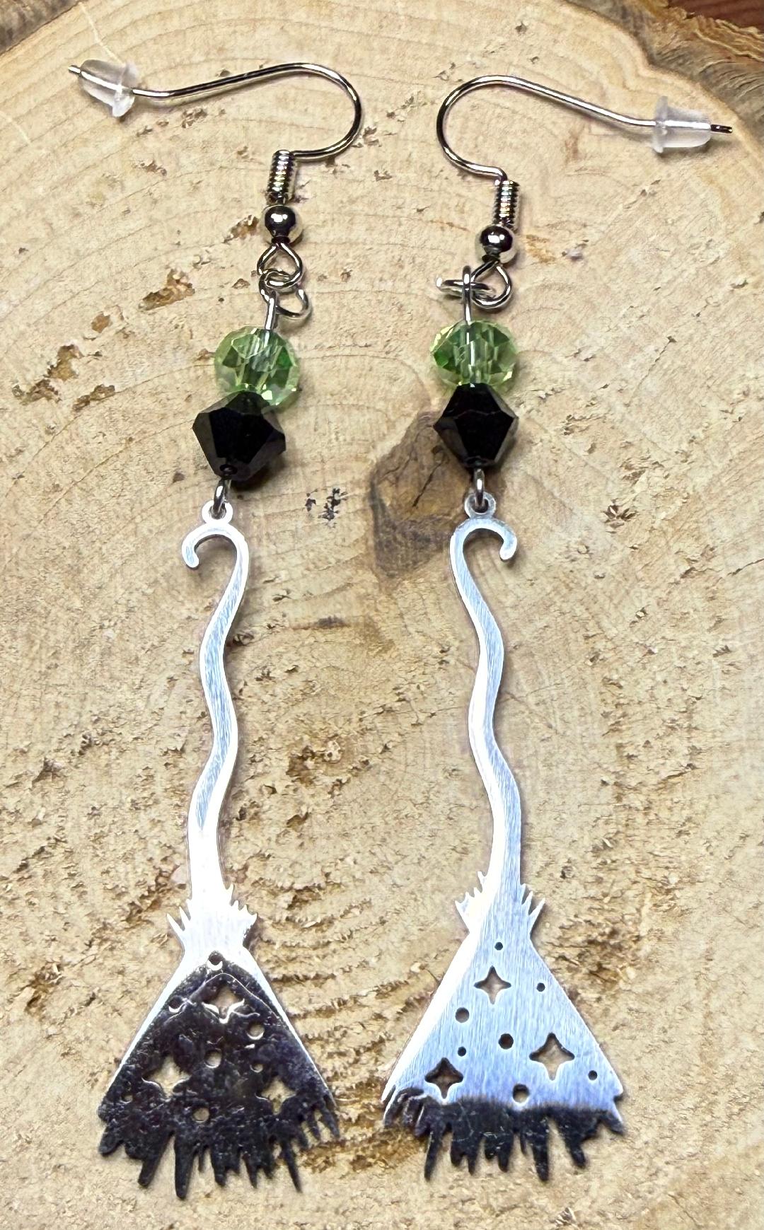NEW Halloween Stainless Steel Witches Broom Earrings w/ Glass Beads
