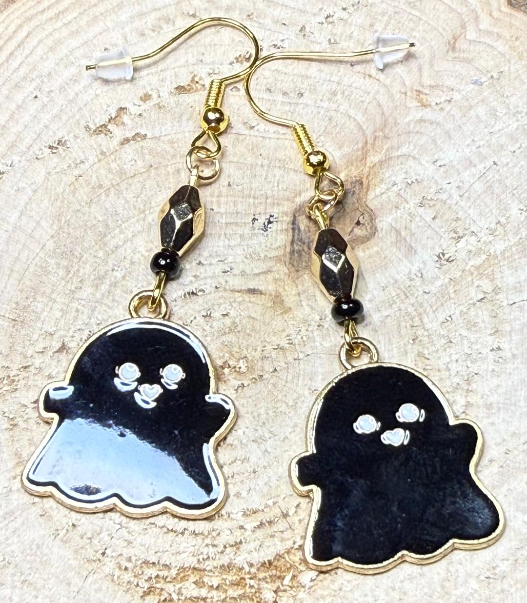 NEW Halloween Enamel Black Sweet Baby Ghost Earrings w/ Gold & Black Beads