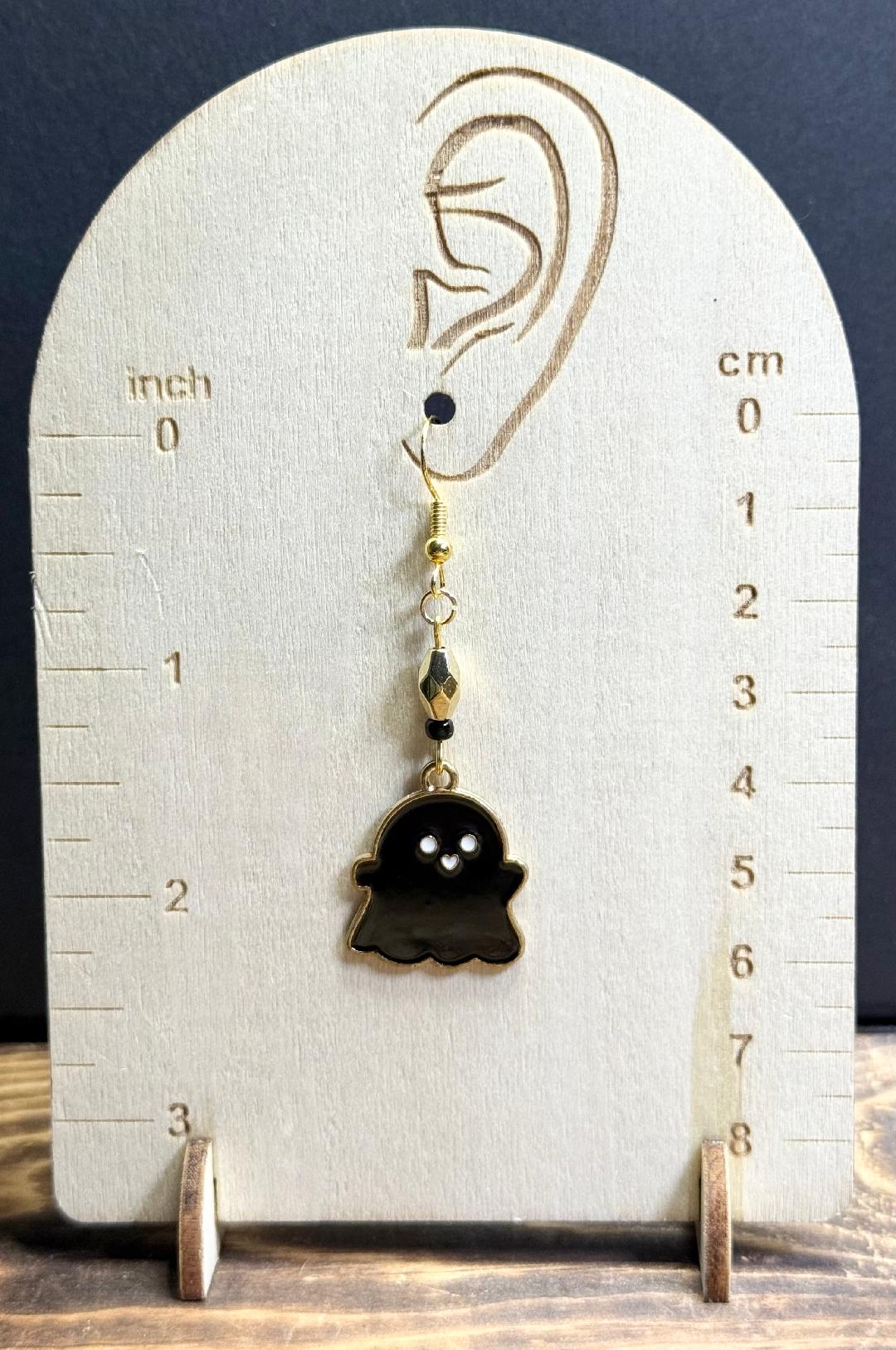 NEW Halloween Enamel Black Sweet Baby Ghost Earrings w/ Gold & Black Beads