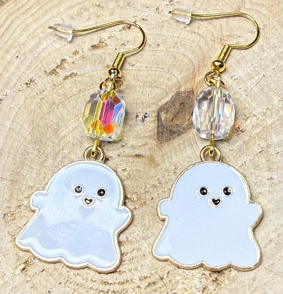 NEW Halloween Enamel White Sweet Baby Ghost Earrings w/ Glass Iridescent Beads