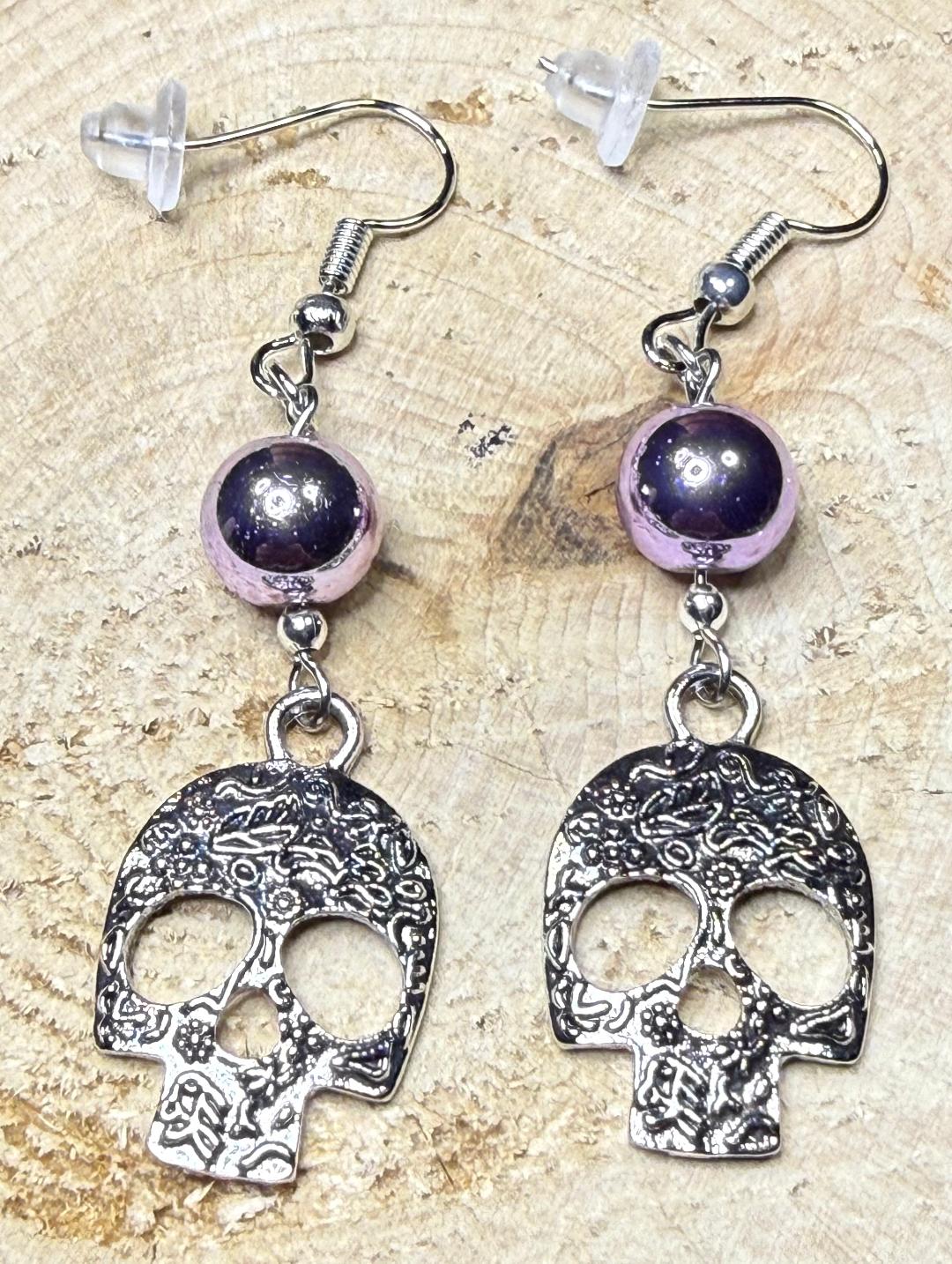 NEW Silver Alloy Sugar Skull Earrings w/ Purple Beads