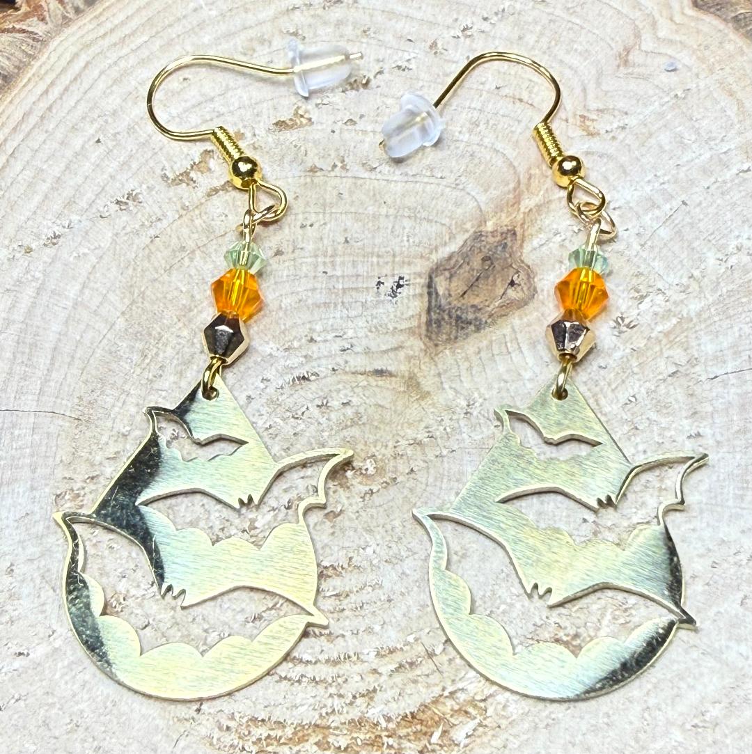 NEW Halloween Gold Stainless Steel Teardrop Earrings w/ Bat Cutouts & Orange Glass Beads