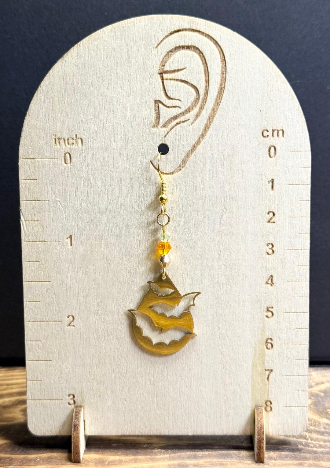NEW Halloween Gold Stainless Steel Teardrop Earrings w/ Bat Cutouts & Orange Glass Beads